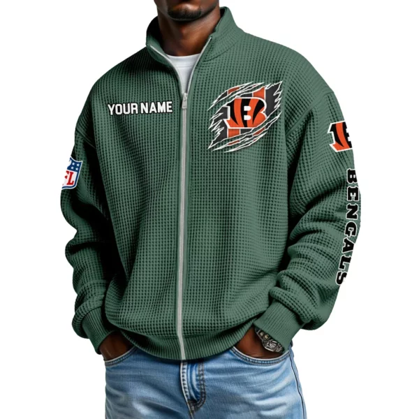 Cincinnati Bengals Men’s Full Zip Waffle Knit Long Sleeve Sweatshirt Customize Name