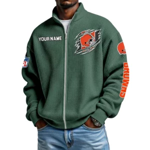 Cleveland Browns Men’s Full Zip Waffle Knit Long Sleeve Sweatshirt Customize Name
