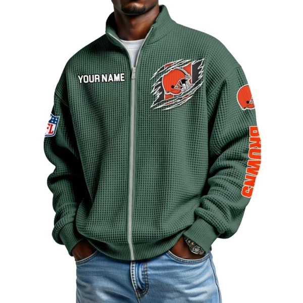 Cleveland Browns Men’s Full Zip Waffle Knit Long Sleeve Sweatshirt Customize Name