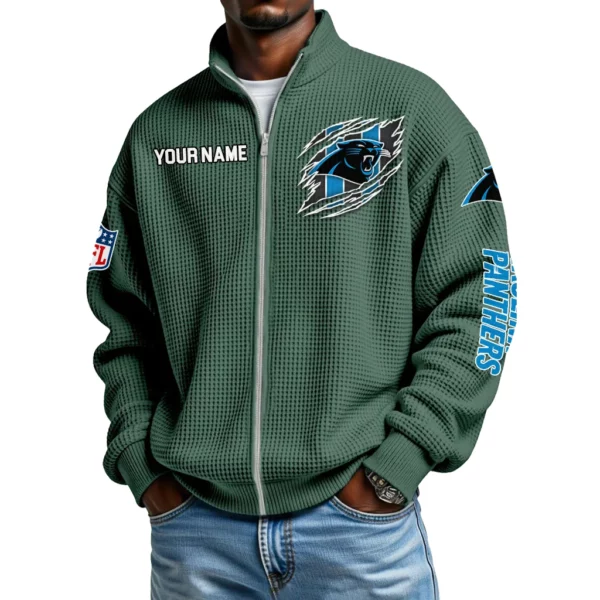 Carolina Panthers Men’s Full Zip Waffle Knit Long Sleeve Sweatshirt Customize Name