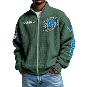 Detroit Lions Men’s Full Zip Waffle Knit Long Sleeve Sweatshirt Customize Name