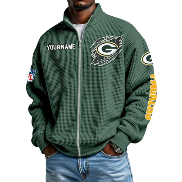 Green Bay Packers Men’s Full Zip Waffle Knit Long Sleeve Sweatshirt Customize Name