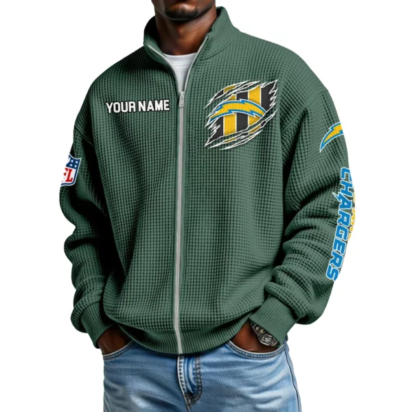 Los Angeles Chargers Men’s Full Zip Waffle Knit Long Sleeve Sweatshirt Customize Name