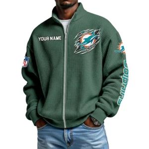 Miami Dolphins Men’s Full Zip Waffle Knit Long Sleeve Sweatshirt Customize Name