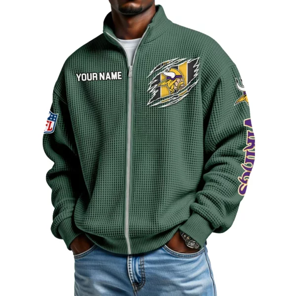 Minnesota Vikings Men’s Full Zip Waffle Knit Long Sleeve Sweatshirt Customize Name