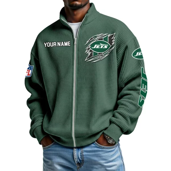 New York Jets Men’s Full Zip Waffle Knit Long Sleeve Sweatshirt Customize Name