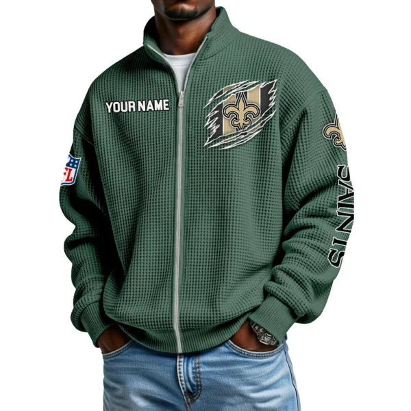 New Orleans Saints Men’s Full Zip Waffle Knit Long Sleeve Sweatshirt Customize Name