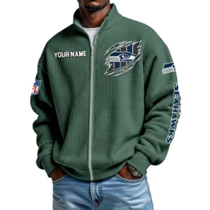Seattle Seahawks Men’s Full Zip Waffle Knit Long Sleeve Sweatshirt Customize Name
