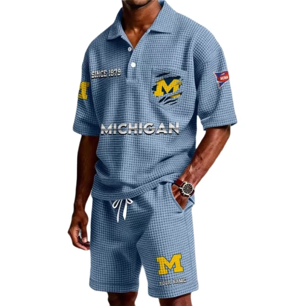 Michigan Wolverines Premium Waffle Knit Polo Shorts Set 2026 Limited Personalize Name