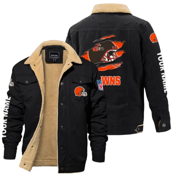 Cleveland Browns Fleece Lined Thick Jacket With Fur Lapel Collar Custom Name