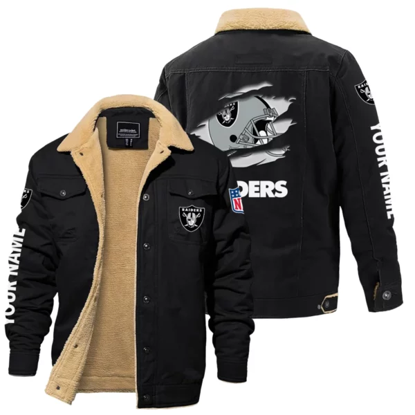 Las Vegas Raiders Fleece Lined Thick Jacket With Fur Lapel Collar Custom Name