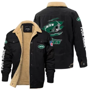 New York Jets Fleece Lined Thick Jacket With Fur Lapel Collar Custom Name