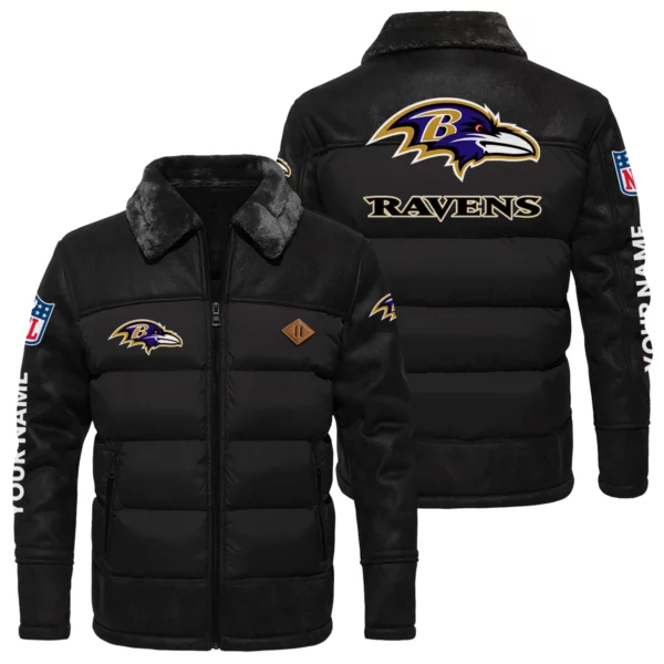 Baltimore Ravens Puffer Jacket Fur Collar Leather Patchwork Custom Name