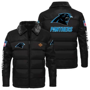 Carolina Panthers Puffer Jacket Fur Collar Leather Patchwork Custom Name