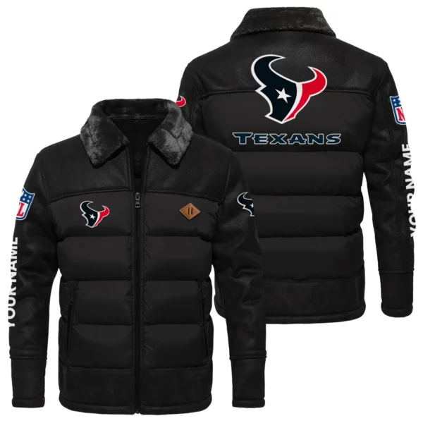 Houston Texans Puffer Jacket Fur Collar Leather Patchwork Custom Name