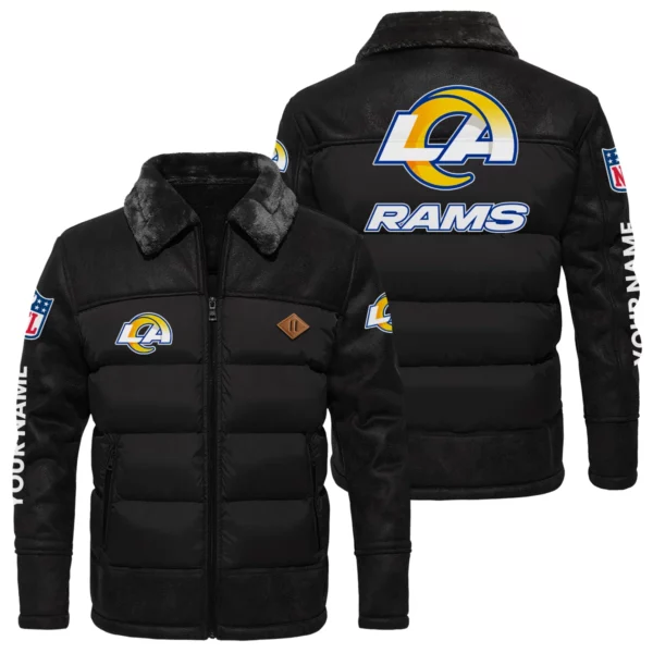 Los Angeles Rams Puffer Jacket Fur Collar Leather Patchwork Custom Name