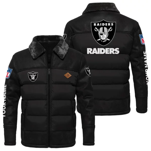 Las Vegas Raiders Puffer Jacket Fur Collar Leather Patchwork Custom Name