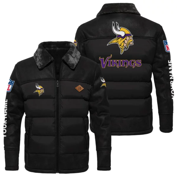 Minnesota Vikings Puffer Jacket Fur Collar Leather Patchwork Custom Name