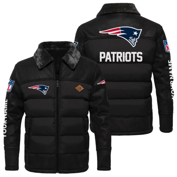 New England Patriots Puffer Jacket Fur Collar Leather Patchwork Custom Name