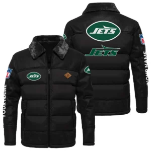 New York Jets Puffer Jacket Fur Collar Leather Patchwork Custom Name