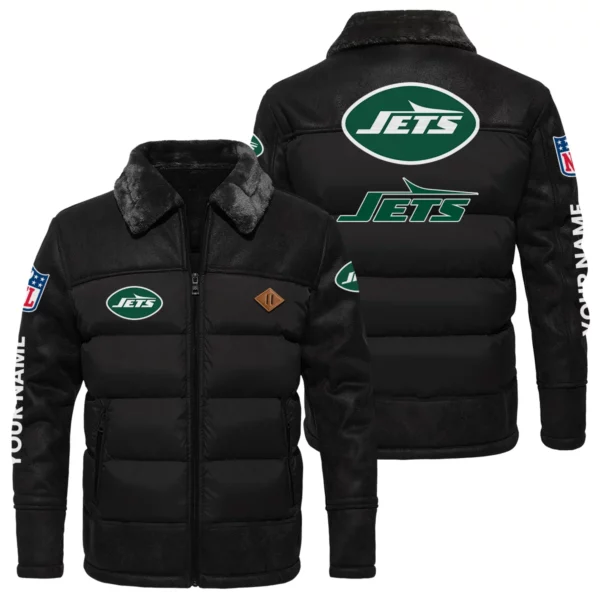 New York Jets Puffer Jacket Fur Collar Leather Patchwork Custom Name