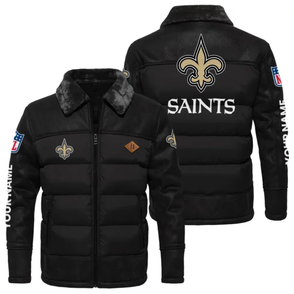 New Orleans Saints Puffer Jacket Fur Collar Leather Patchwork Custom Name