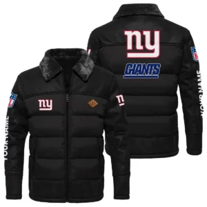New York Giants Puffer Jacket Fur Collar Leather Patchwork Custom Name