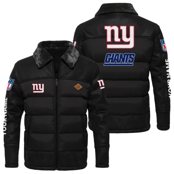 New York Giants Puffer Jacket Fur Collar Leather Patchwork Custom Name