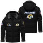 Los Angeles Rams Puffer Jacket Hooded Detachable x PU Leather Custom Name