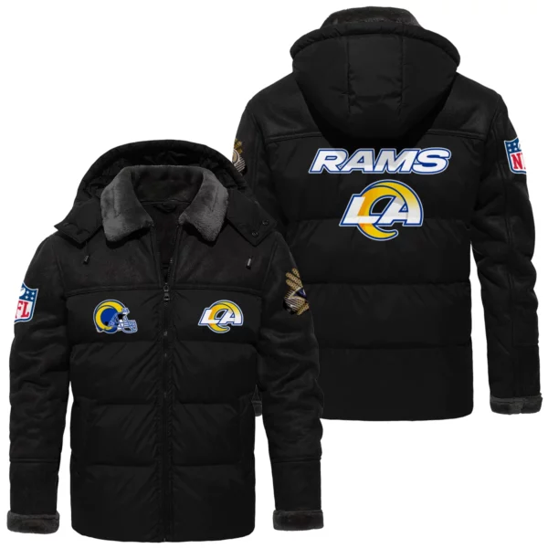 Los Angeles Rams Puffer Jacket Hooded Detachable x PU Leather Custom Name