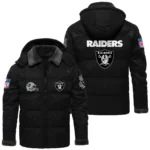 Las Vegas Raiders Puffer Jacket Hooded Detachable x PU Leather Custom Name