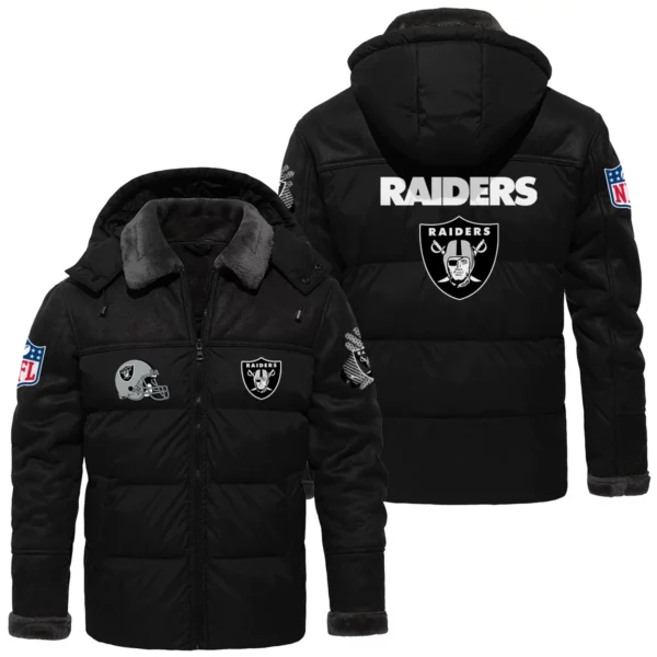 Las Vegas Raiders Puffer Jacket Hooded Detachable x PU Leather Custom Name