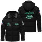 New York Jets Puffer Jacket Hooded Detachable x PU Leather Custom Name