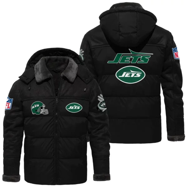 New York Jets Puffer Jacket Hooded Detachable x PU Leather Custom Name