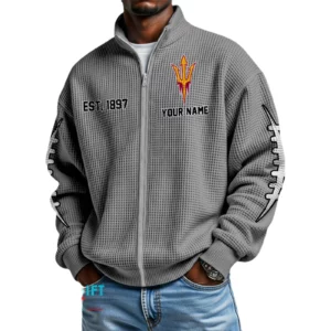 Arizona State Sun Devils Men’s Full Zip Waffle Knit Long Sleeve Sweatshirt Personalize Name