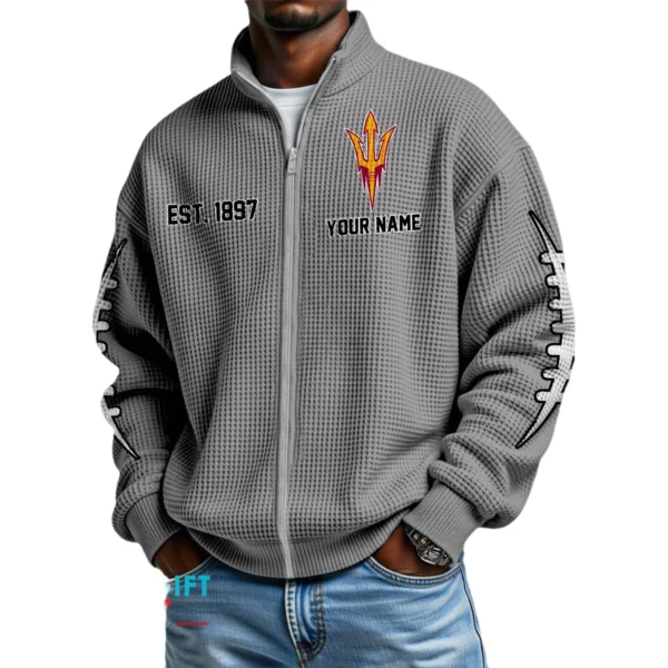 Arizona State Sun Devils Men’s Full Zip Waffle Knit Long Sleeve Sweatshirt Personalize Name