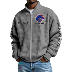 Boise State Broncos Men’s Full Zip Waffle Knit Long Sleeve Sweatshirt Personalize Name