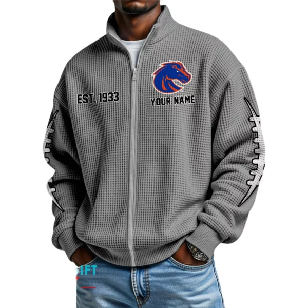 Boise State Broncos Men’s Full Zip Waffle Knit Long Sleeve Sweatshirt Personalize Name