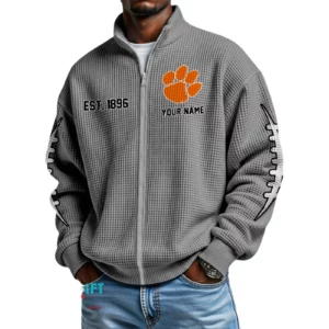 Clemson Tigers Men’s Full Zip Waffle Knit Long Sleeve Sweatshirt Personalize Name