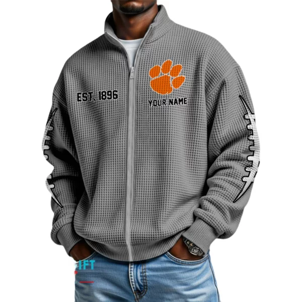 Clemson Tigers Men’s Full Zip Waffle Knit Long Sleeve Sweatshirt Personalize Name