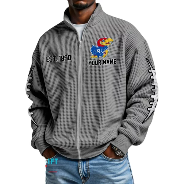 Kansas Jayhawks Men’s Full Zip Waffle Knit Long Sleeve Sweatshirt Personalize Name