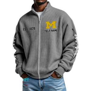 Michigan Wolverines Men’s Full Zip Waffle Knit Long Sleeve Sweatshirt Personalize Name