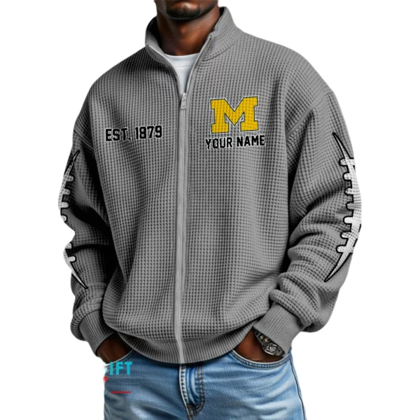 Michigan Wolverines Men’s Full Zip Waffle Knit Long Sleeve Sweatshirt Personalize Name
