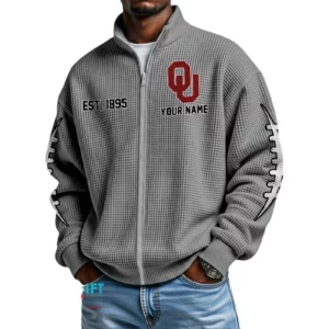 Oklahoma Sooners Men’s Full Zip Waffle Knit Long Sleeve Sweatshirt Personalize Name