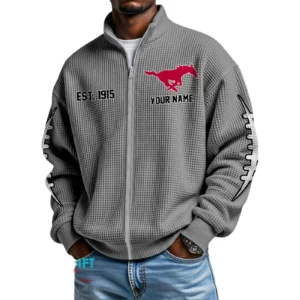 SMU Mustangs Men’s Full Zip Waffle Knit Long Sleeve Sweatshirt Personalize Name