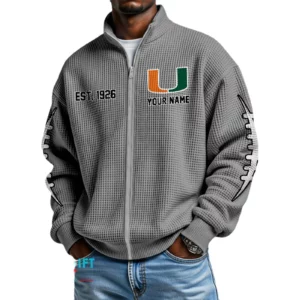 Miami Hurricanes Men’s Full Zip Waffle Knit Long Sleeve Sweatshirt Personalize Name