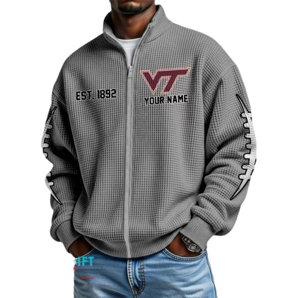 Virginia Tech Hokies Men’s Full Zip Waffle Knit Long Sleeve Sweatshirt Personalize Name