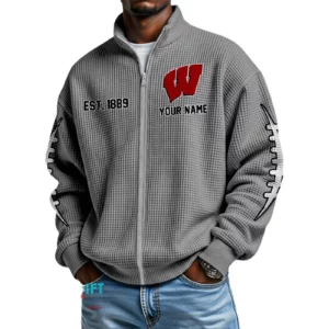 Wisconsin Badgers Men’s Full Zip Waffle Knit Long Sleeve Sweatshirt Personalize Name