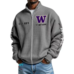 Washington Huskies Men’s Full Zip Waffle Knit Long Sleeve Sweatshirt Personalize Name