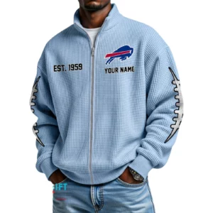 Buffalo Bills Men’s Full Zip Waffle Knit Long Sleeve Sweatshirt Personalize Name